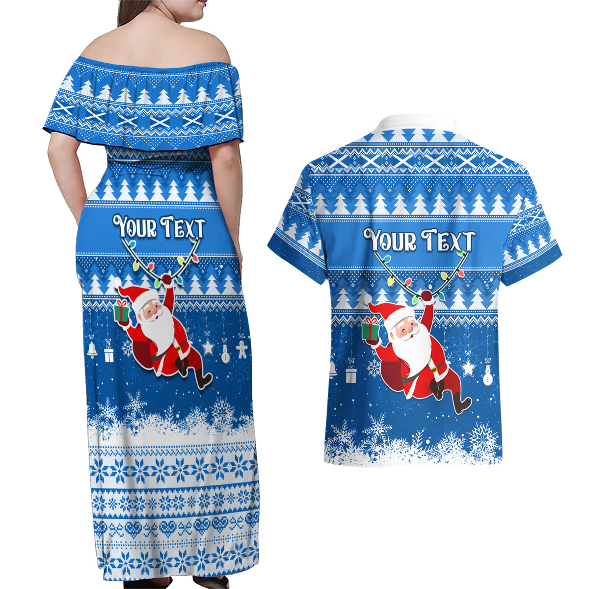 Custom Scotland Christmas Couples Matching Off Shoulder Maxi Dress and Hawaiian Shirt Merry Christmas Santa Claus Gift - Wonder Print Shop