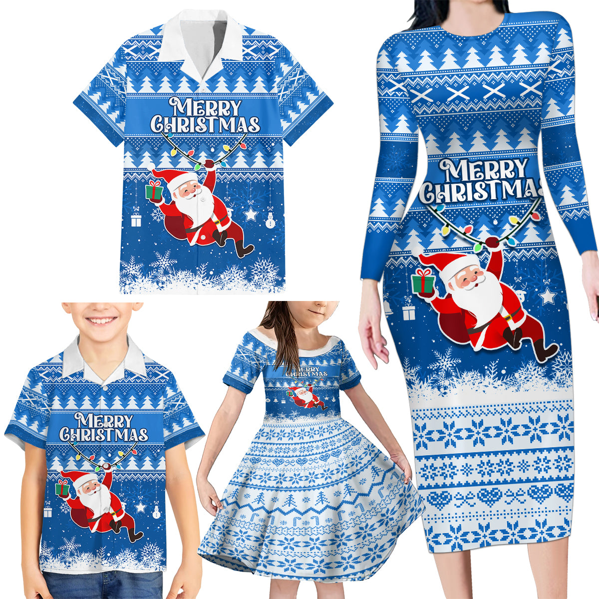 Custom Scotland Christmas Family Matching Long Sleeve Bodycon Dress and Hawaiian Shirt Merry Christmas Santa Claus Gift - Wonder Print Shop