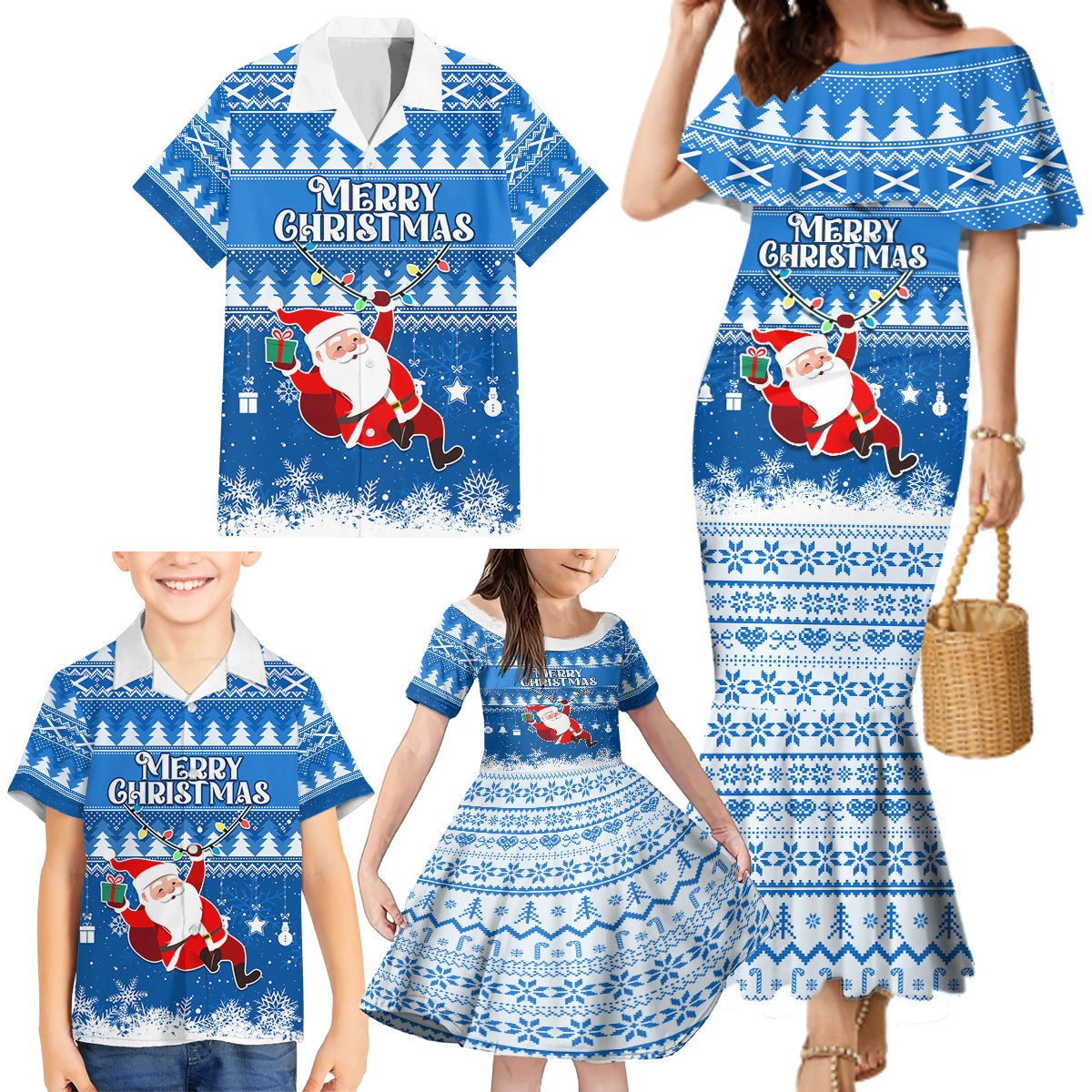 Custom Scotland Christmas Family Matching Mermaid Dress and Hawaiian Shirt Merry Christmas Santa Claus Gift - Wonder Print Shop
