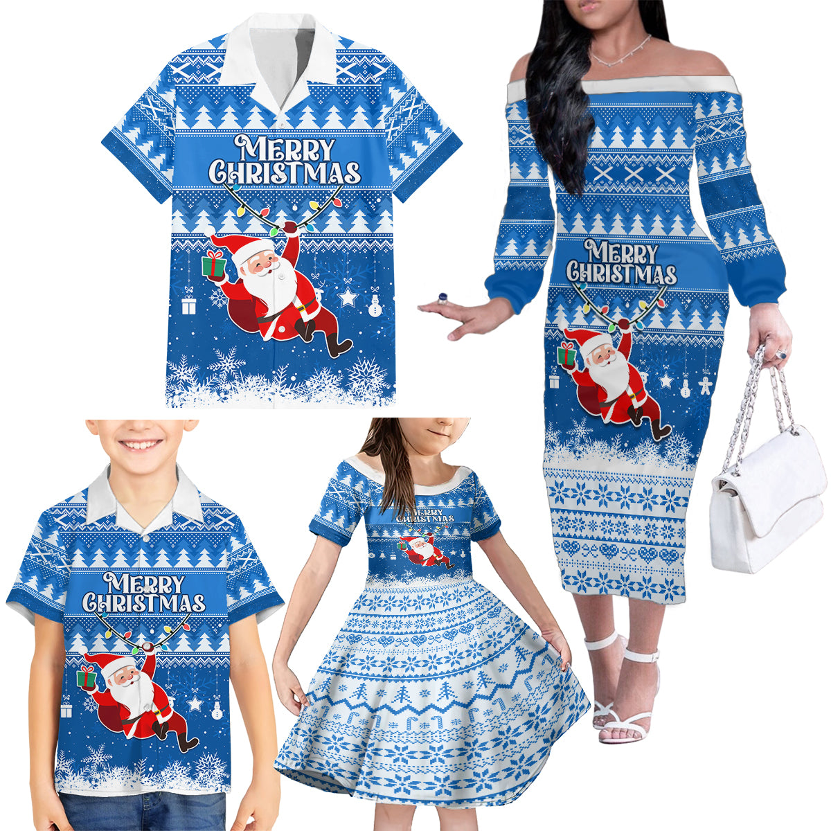 Custom Scotland Christmas Family Matching Off Shoulder Long Sleeve Dress and Hawaiian Shirt Merry Christmas Santa Claus Gift - Wonder Print Shop