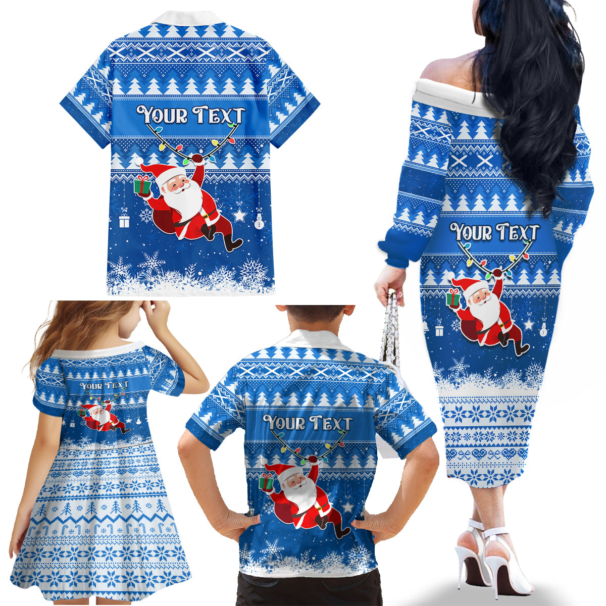 Custom Scotland Christmas Family Matching Off Shoulder Long Sleeve Dress and Hawaiian Shirt Merry Christmas Santa Claus Gift - Wonder Print Shop