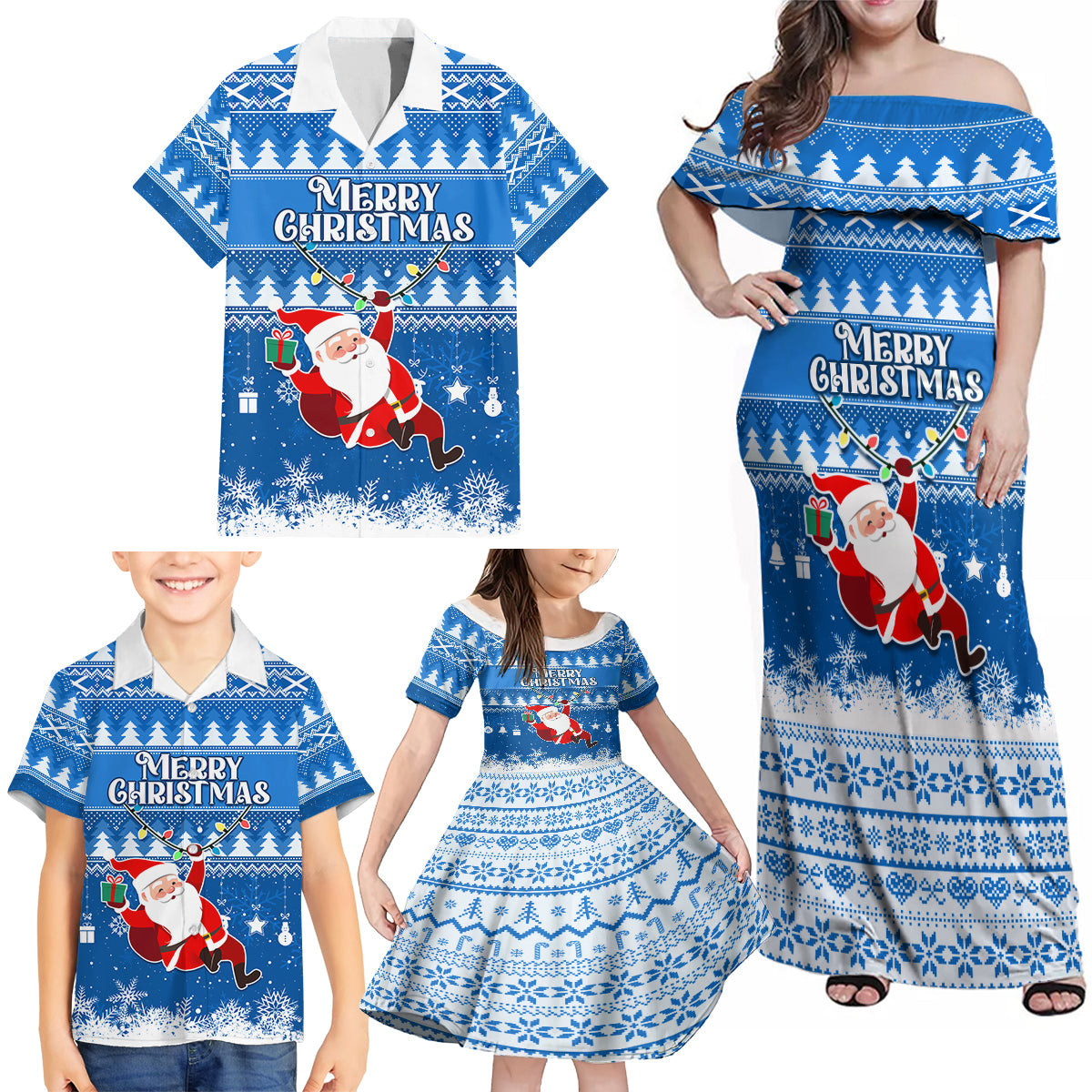Custom Scotland Christmas Family Matching Off Shoulder Maxi Dress and Hawaiian Shirt Merry Christmas Santa Claus Gift - Wonder Print Shop