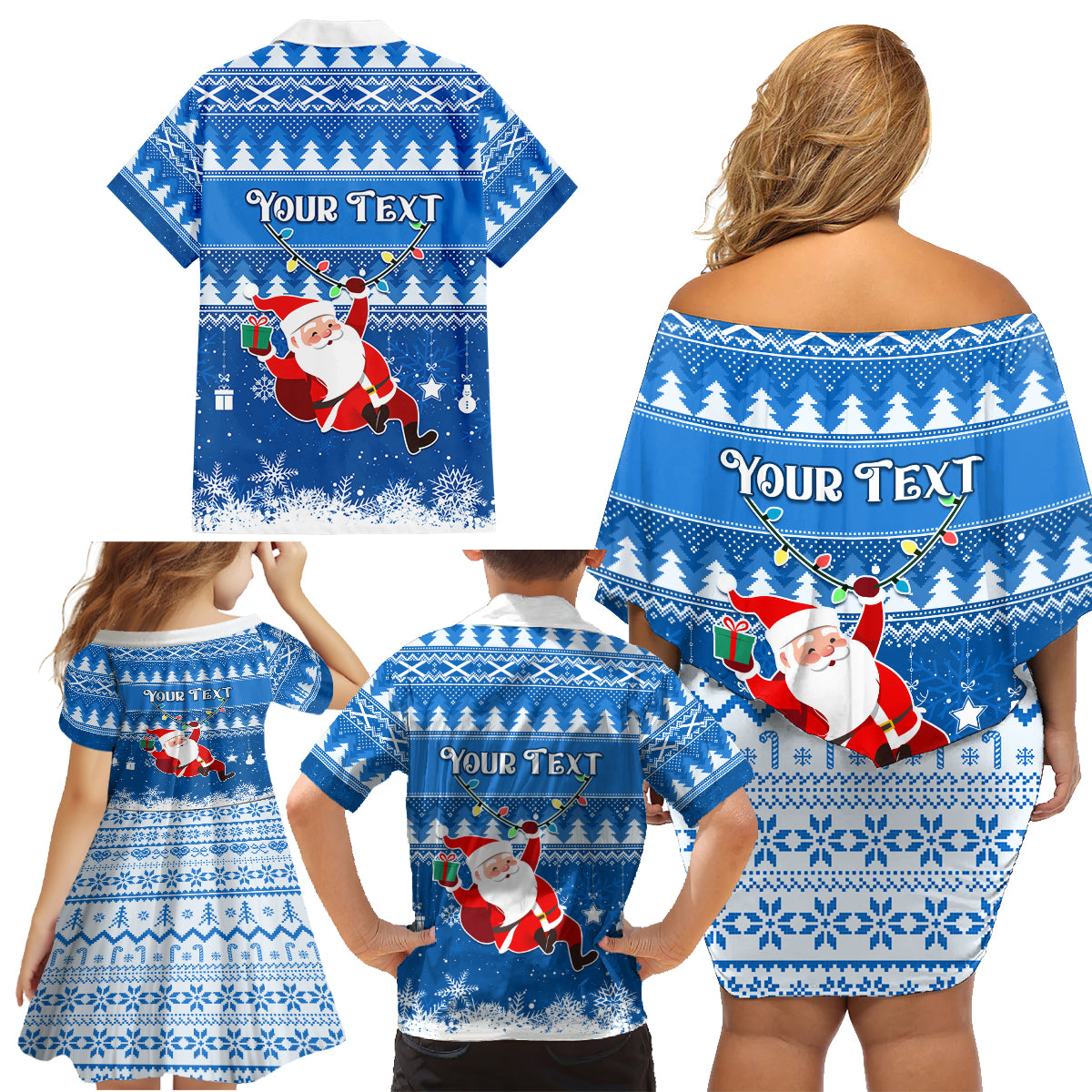 Custom Scotland Christmas Family Matching Off Shoulder Short Dress and Hawaiian Shirt Merry Christmas Santa Claus Gift - Wonder Print Shop