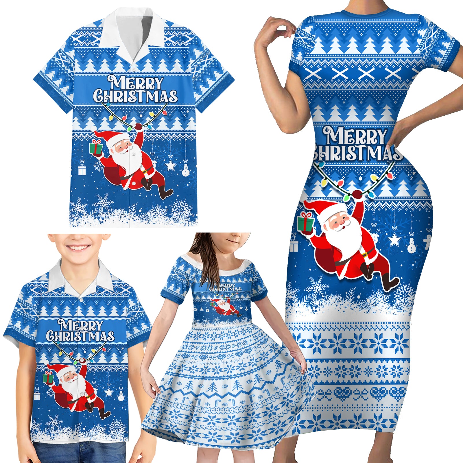 Custom Scotland Christmas Family Matching Short Sleeve Bodycon Dress and Hawaiian Shirt Merry Christmas Santa Claus Gift - Wonder Print Shop