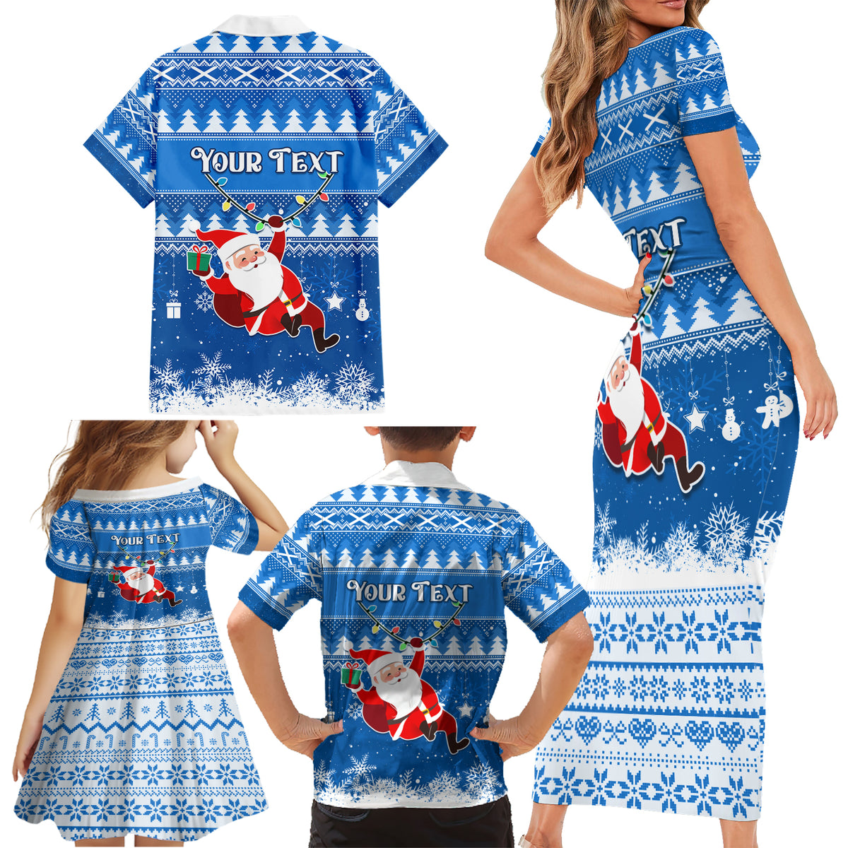 Custom Scotland Christmas Family Matching Short Sleeve Bodycon Dress and Hawaiian Shirt Merry Christmas Santa Claus Gift - Wonder Print Shop