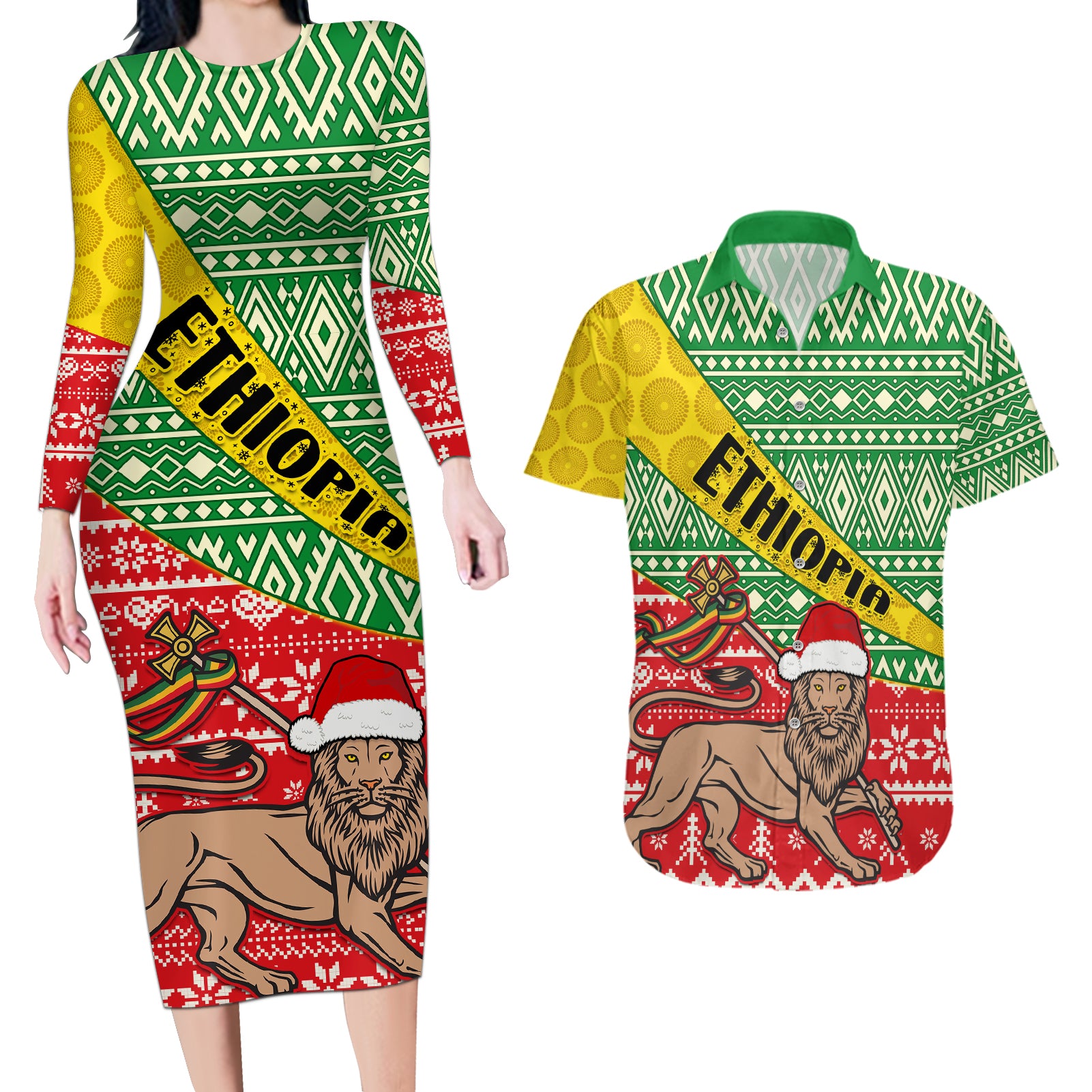 ethiopia-christmas-couples-matching-long-sleeve-bodycon-dress-and-hawaiian-shirt-melkam-gena-african-pattern