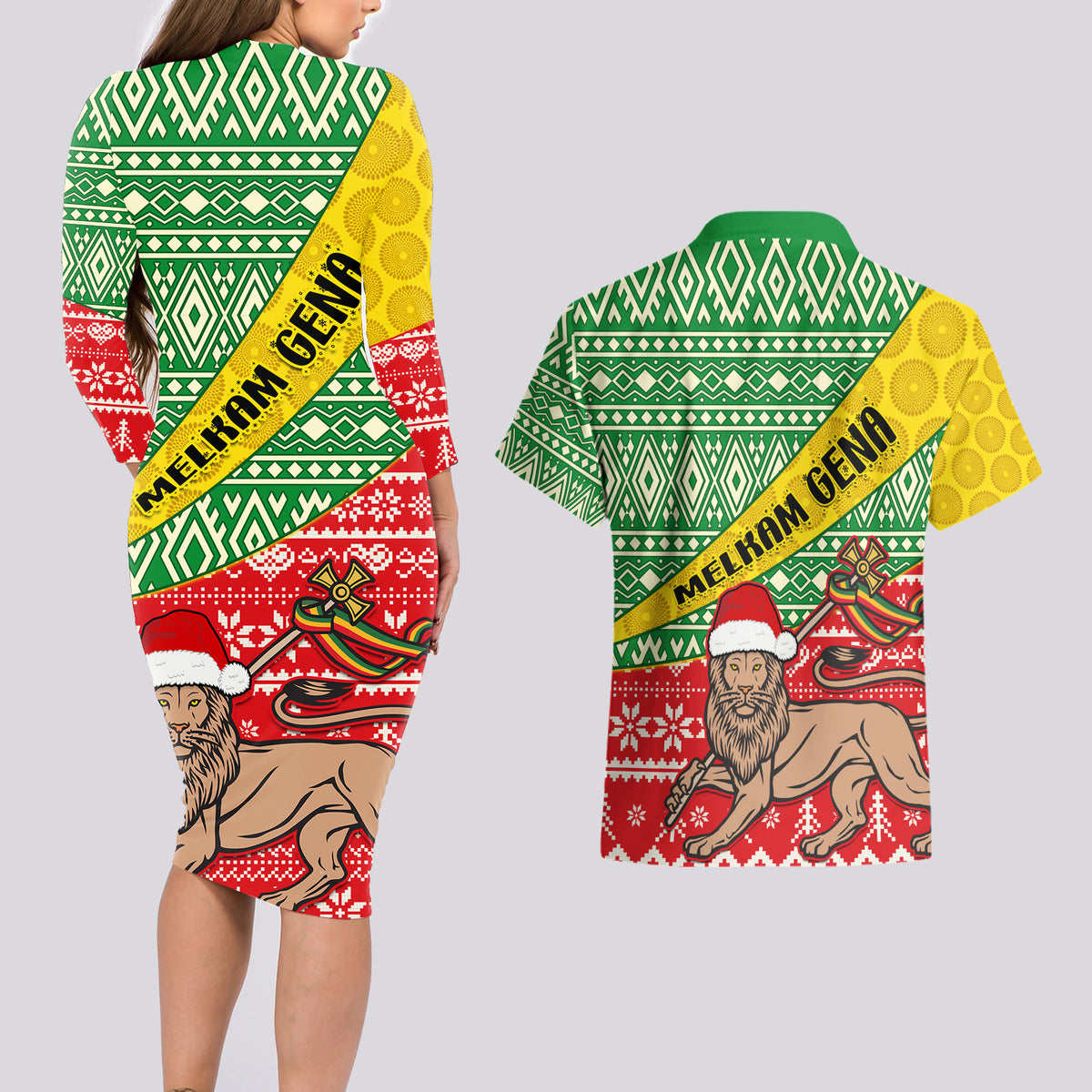 Ethiopia Christmas Couples Matching Long Sleeve Bodycon Dress and Hawaiian Shirt Melkam Gena African Pattern - Wonder Print Shop