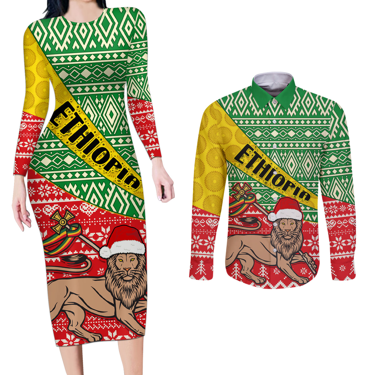 Ethiopia Christmas Couples Matching Long Sleeve Bodycon Dress and Long Sleeve Button Shirt Melkam Gena African Pattern - Wonder Print Shop