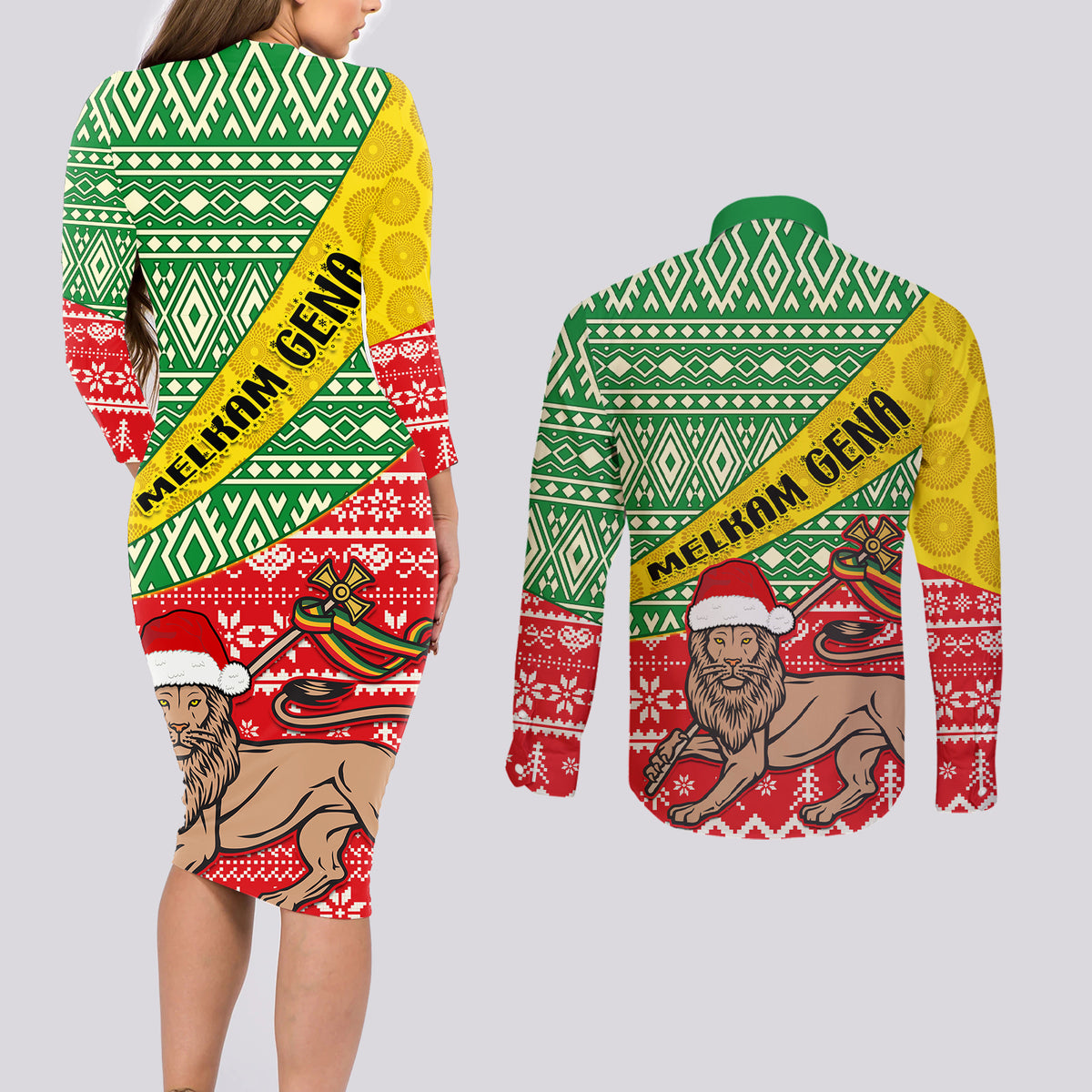 Ethiopia Christmas Couples Matching Long Sleeve Bodycon Dress and Long Sleeve Button Shirt Melkam Gena African Pattern - Wonder Print Shop