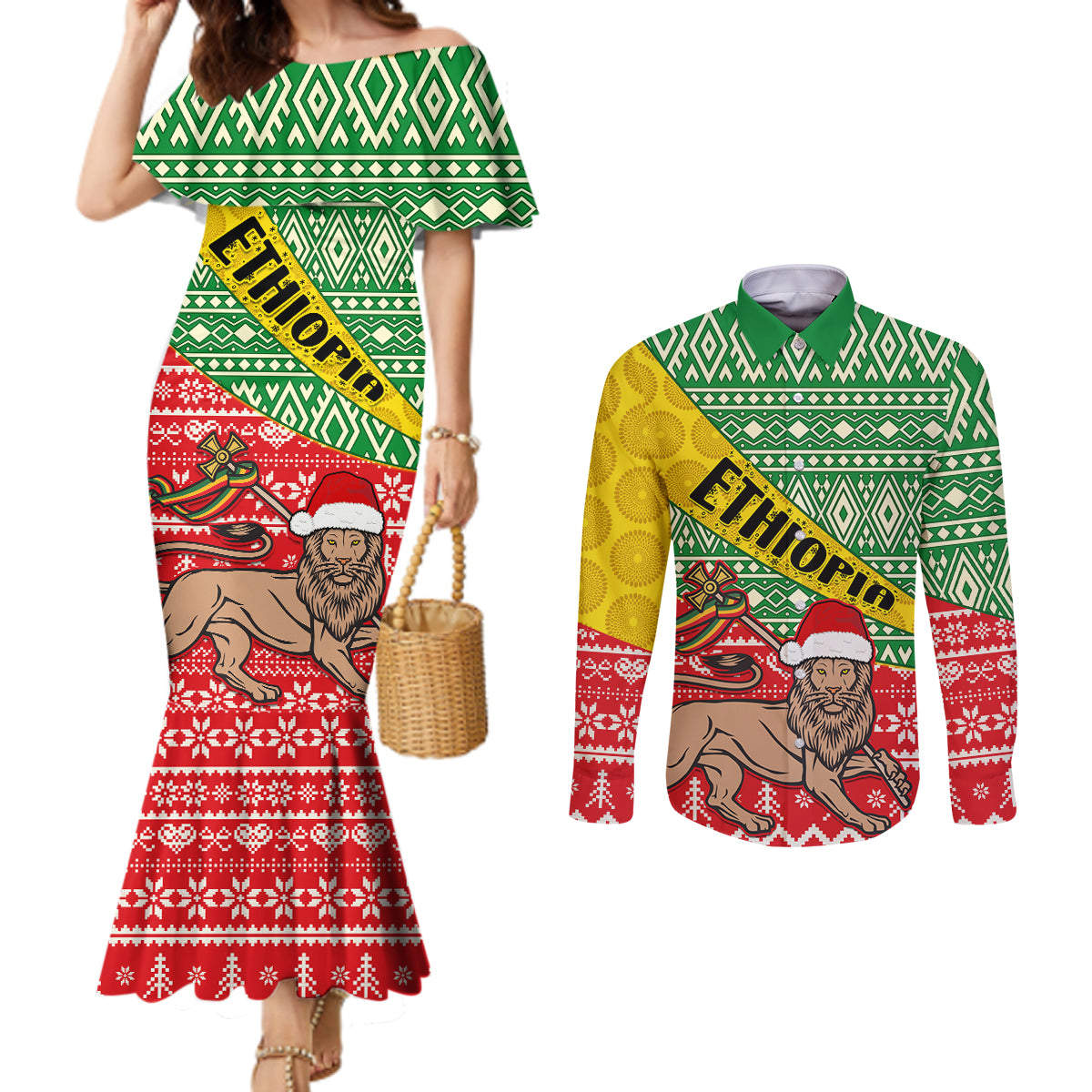 ethiopia-christmas-couples-matching-mermaid-dress-and-long-sleeve-button-shirt-melkam-gena-african-pattern
