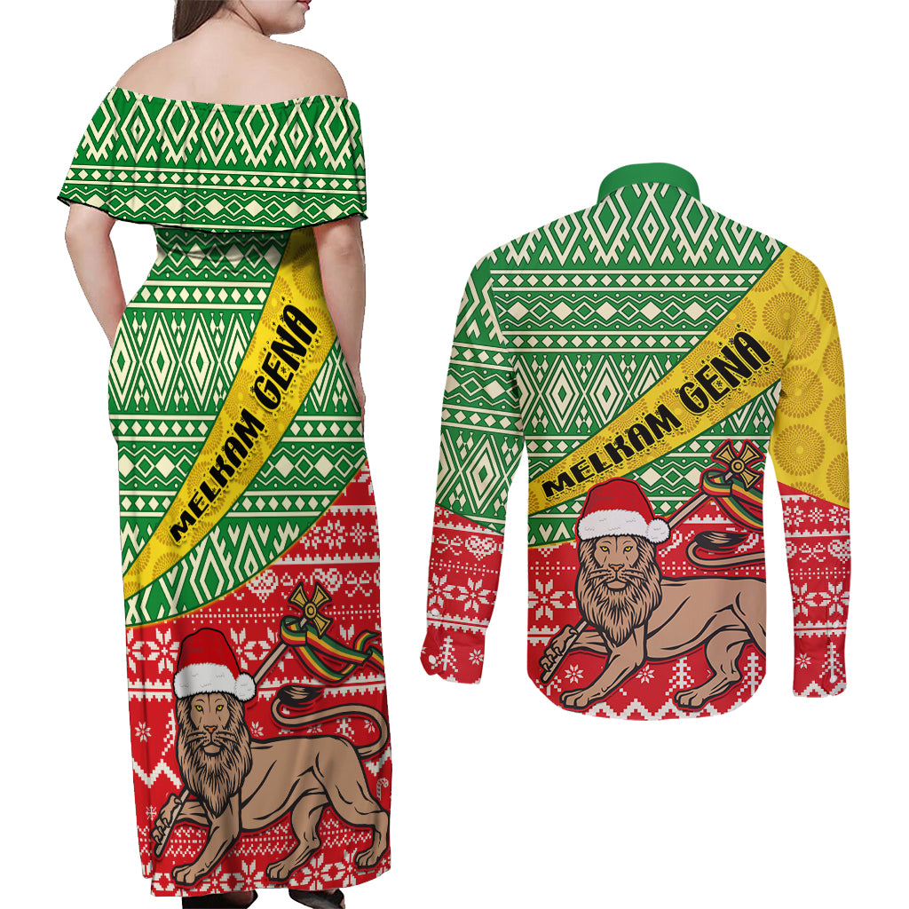 Ethiopia Christmas Couples Matching Off Shoulder Maxi Dress and Long Sleeve Button Shirt Melkam Gena African Pattern - Wonder Print Shop