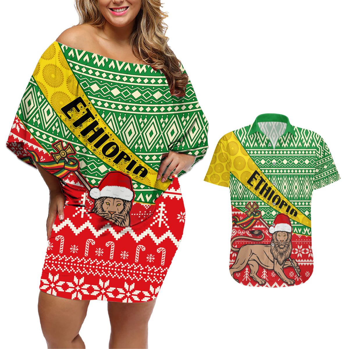 Ethiopia Christmas Couples Matching Off Shoulder Short Dress and Hawaiian Shirt Melkam Gena African Pattern - Wonder Print Shop