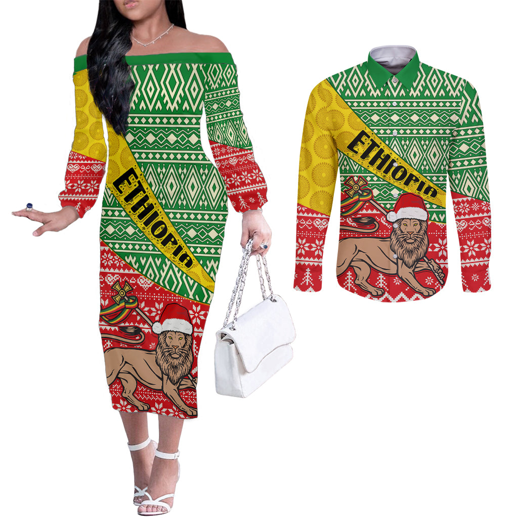 ethiopia-christmas-couples-matching-off-the-shoulder-long-sleeve-dress-and-long-sleeve-button-shirt-melkam-gena-african-pattern
