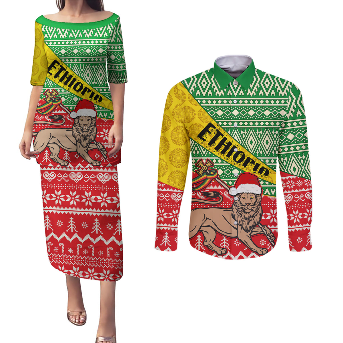 Ethiopia Christmas Couples Matching Puletasi Dress and Long Sleeve Button Shirt Melkam Gena African Pattern - Wonder Print Shop
