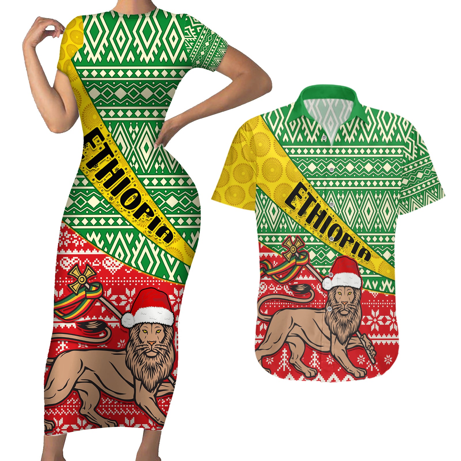 ethiopia-christmas-couples-matching-short-sleeve-bodycon-dress-and-hawaiian-shirt-melkam-gena-african-pattern