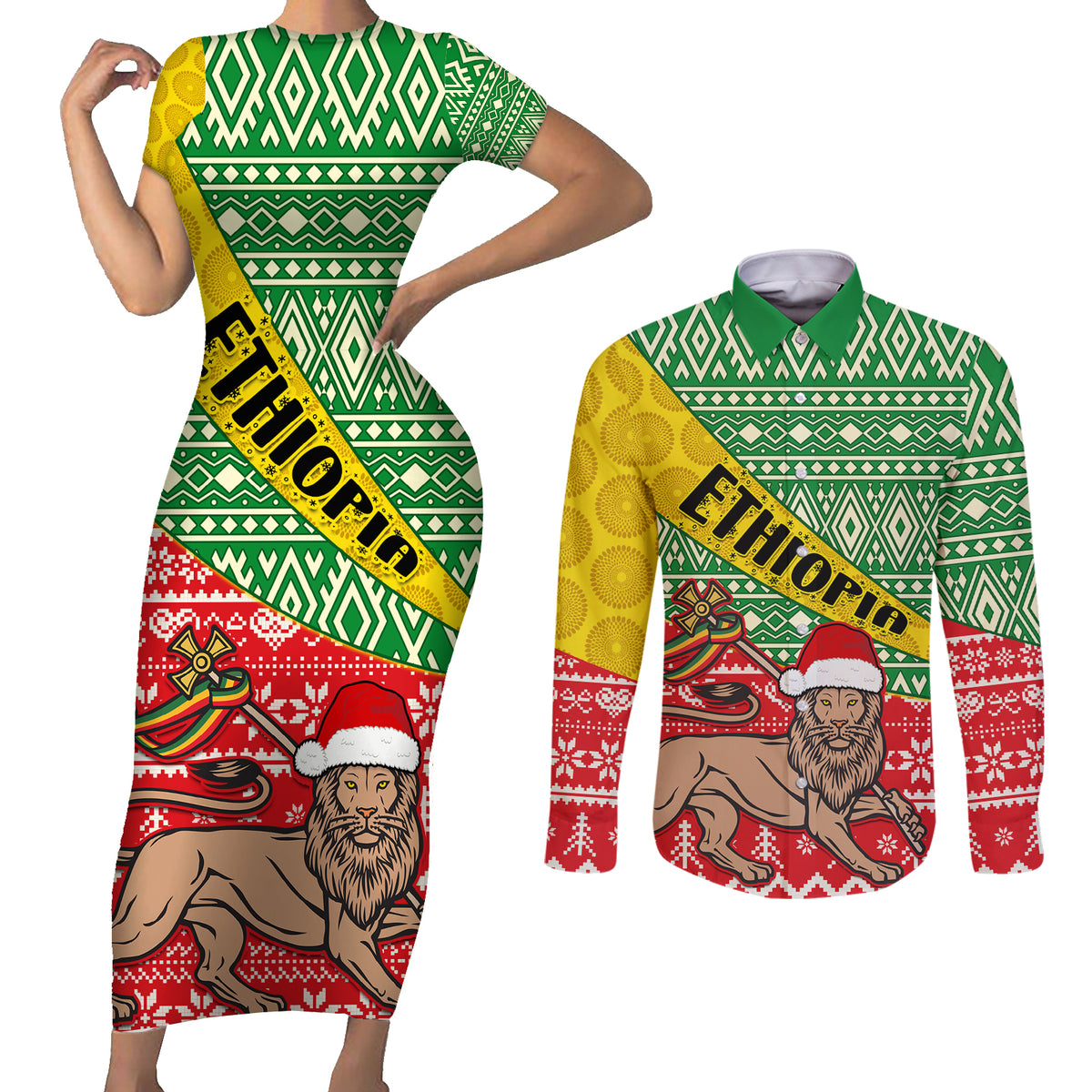 Ethiopia Christmas Couples Matching Short Sleeve Bodycon Dress and Long Sleeve Button Shirt Melkam Gena African Pattern - Wonder Print Shop