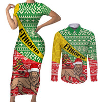 Ethiopia Christmas Couples Matching Short Sleeve Bodycon Dress and Long Sleeve Button Shirt Melkam Gena African Pattern - Wonder Print Shop