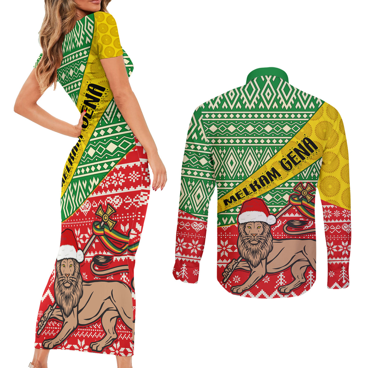 Ethiopia Christmas Couples Matching Short Sleeve Bodycon Dress and Long Sleeve Button Shirt Melkam Gena African Pattern - Wonder Print Shop