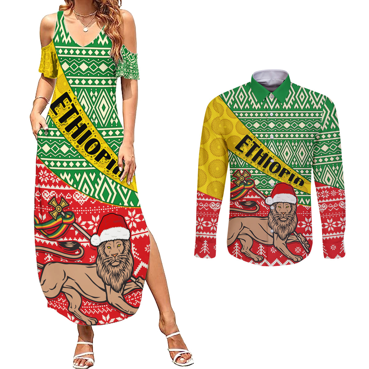 Ethiopia Christmas Couples Matching Summer Maxi Dress and Long Sleeve Button Shirt Melkam Gena African Pattern - Wonder Print Shop