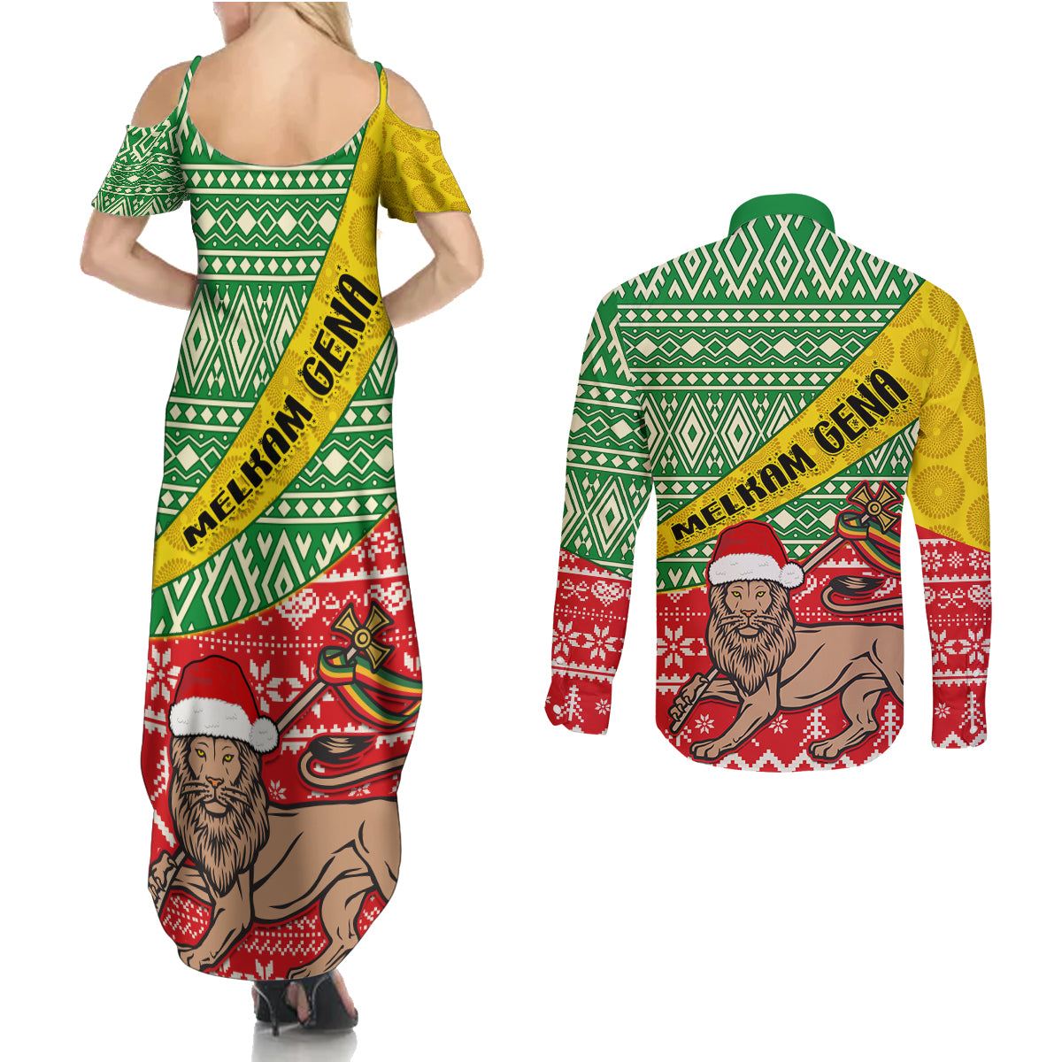Ethiopia Christmas Couples Matching Summer Maxi Dress and Long Sleeve Button Shirt Melkam Gena African Pattern - Wonder Print Shop