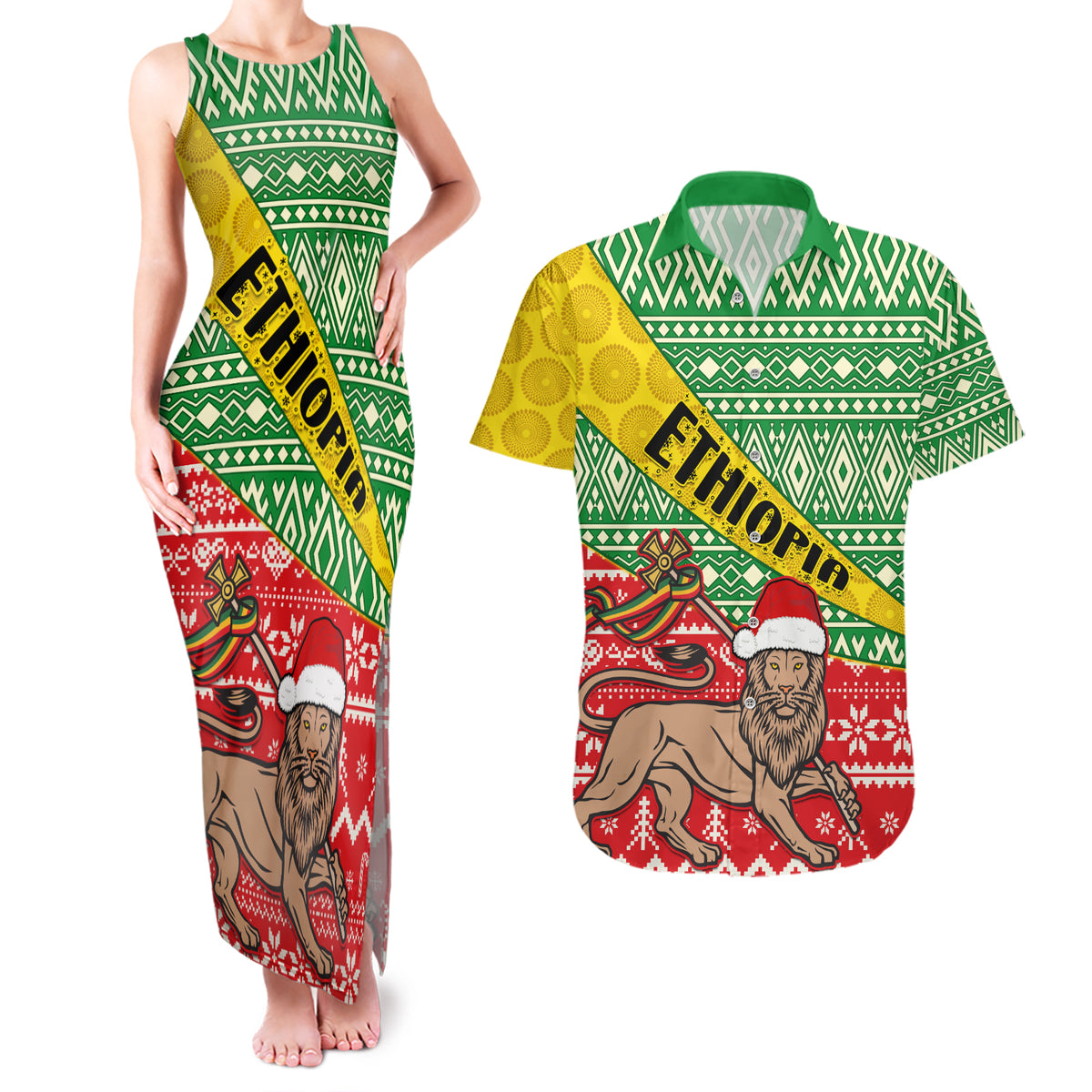 Ethiopia Christmas Couples Matching Tank Maxi Dress and Hawaiian Shirt Melkam Gena African Pattern - Wonder Print Shop