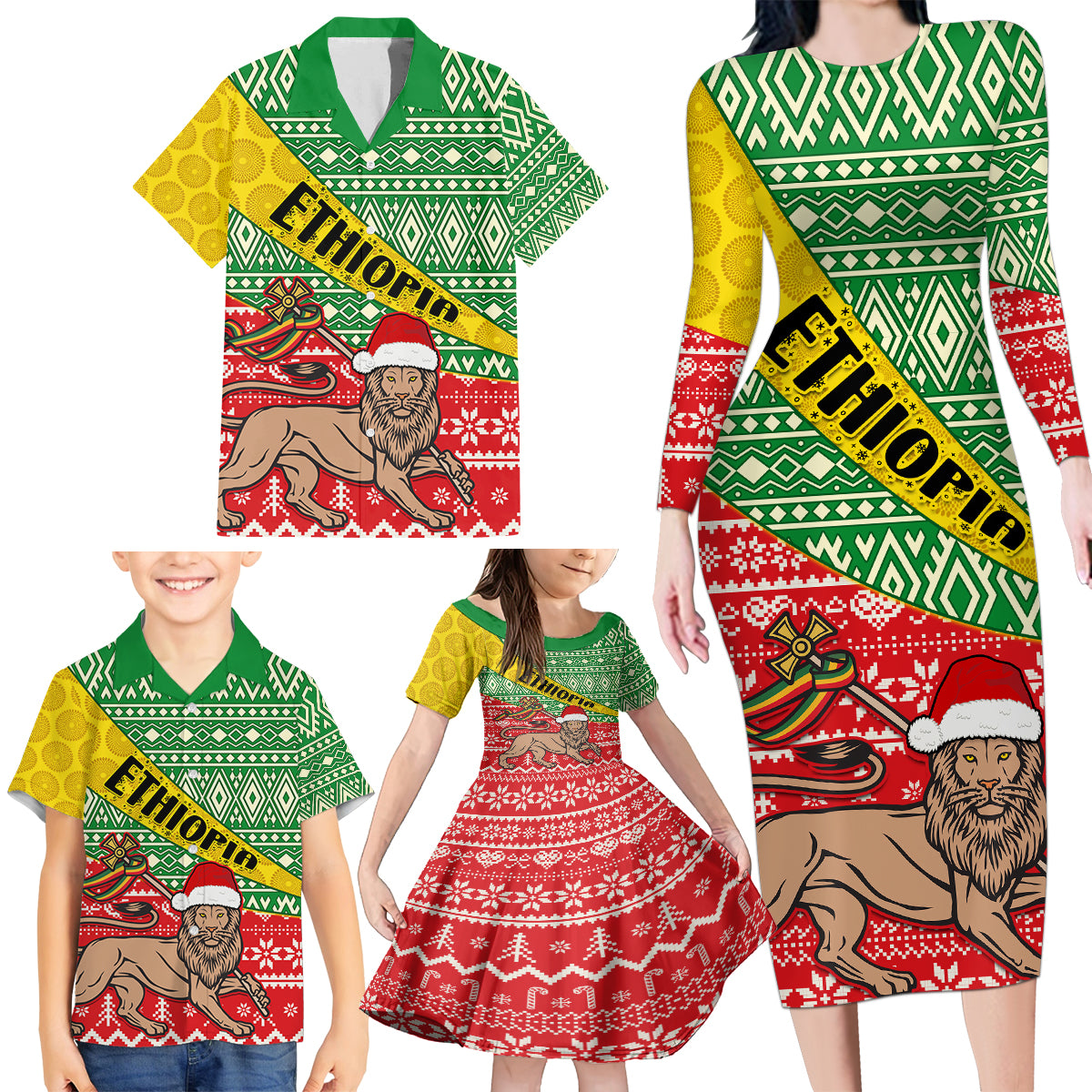 Ethiopia Christmas Family Matching Long Sleeve Bodycon Dress and Hawaiian Shirt Melkam Gena African Pattern - Wonder Print Shop