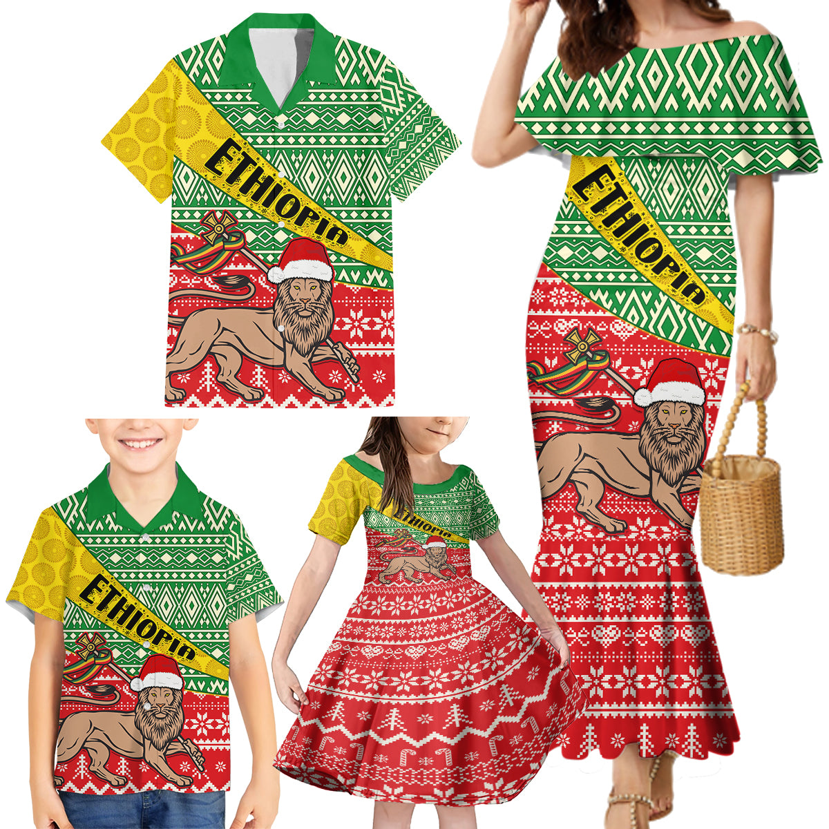 Ethiopia Christmas Family Matching Mermaid Dress and Hawaiian Shirt Melkam Gena African Pattern - Wonder Print Shop