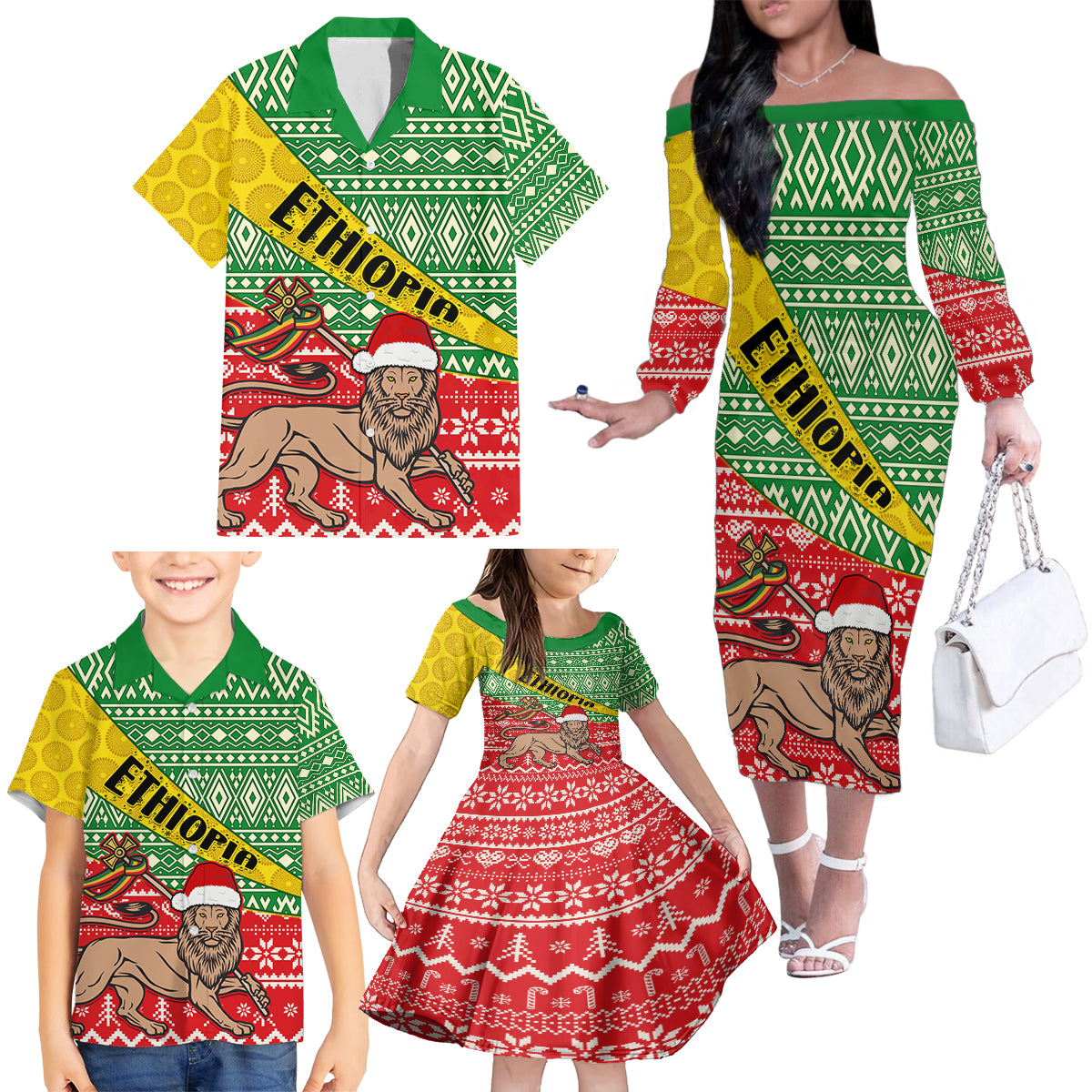 Ethiopia Christmas Family Matching Off Shoulder Long Sleeve Dress and Hawaiian Shirt Melkam Gena African Pattern - Wonder Print Shop