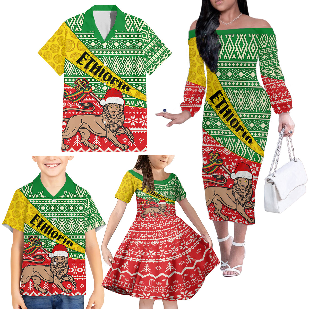 ethiopia-christmas-family-matching-off-shoulder-long-sleeve-dress-and-hawaiian-shirt-melkam-gena-african-pattern