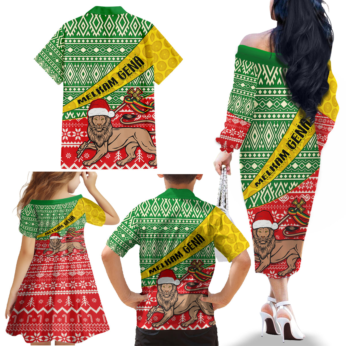 Ethiopia Christmas Family Matching Off Shoulder Long Sleeve Dress and Hawaiian Shirt Melkam Gena African Pattern - Wonder Print Shop