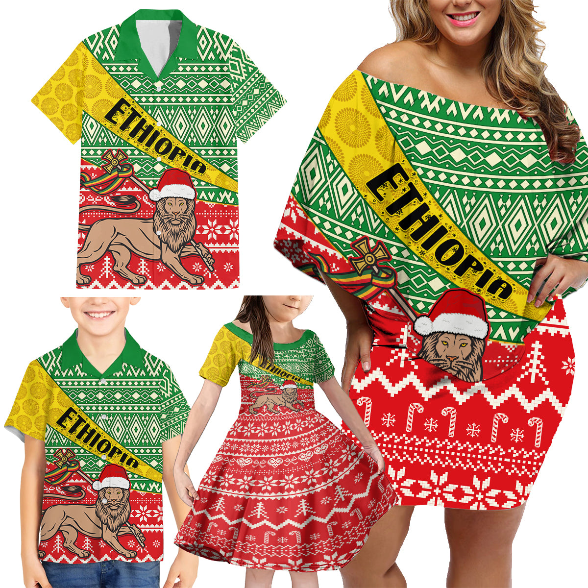 Ethiopia Christmas Family Matching Off Shoulder Short Dress and Hawaiian Shirt Melkam Gena African Pattern - Wonder Print Shop