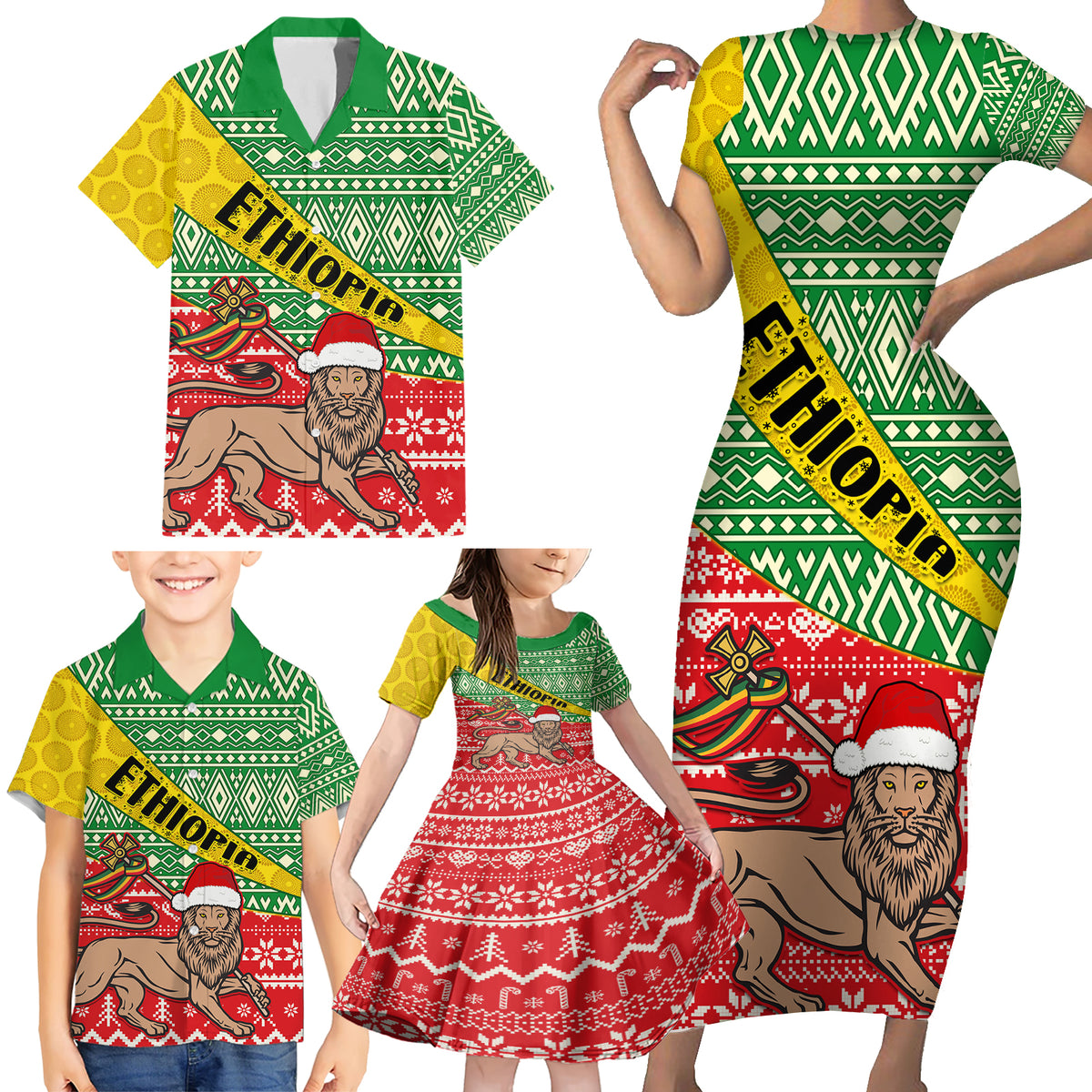 Ethiopia Christmas Family Matching Short Sleeve Bodycon Dress and Hawaiian Shirt Melkam Gena African Pattern - Wonder Print Shop