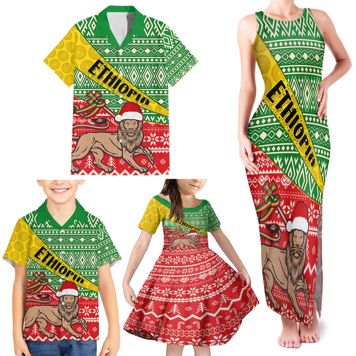 Ethiopia Christmas Family Matching Tank Maxi Dress and Hawaiian Shirt Melkam Gena African Pattern - Wonder Print Shop