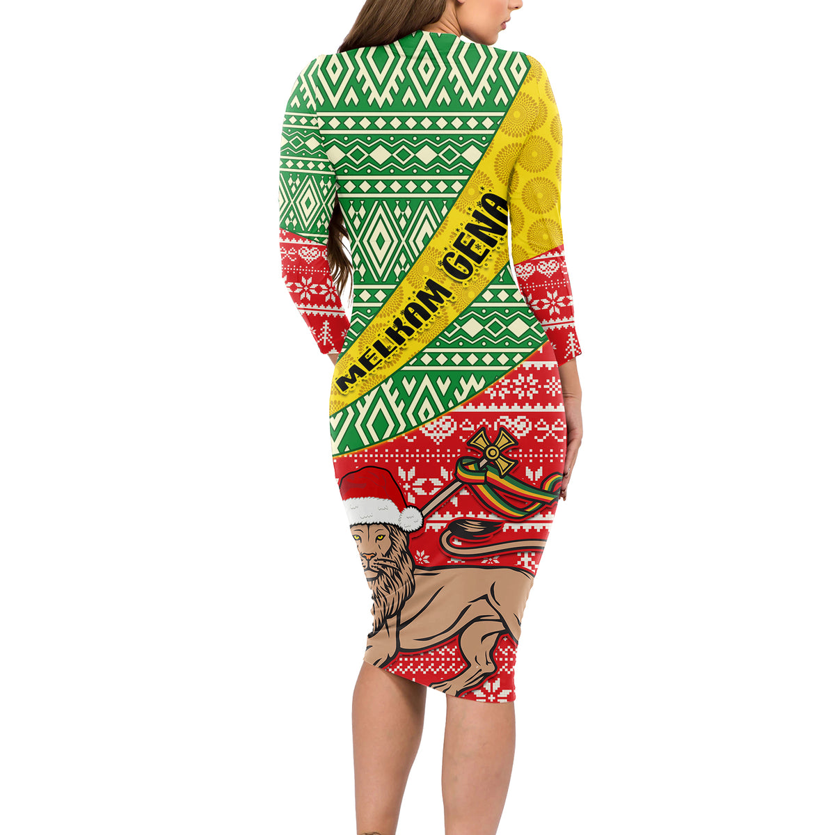 Ethiopia Christmas Long Sleeve Bodycon Dress Melkam Gena African Pattern - Wonder Print Shop