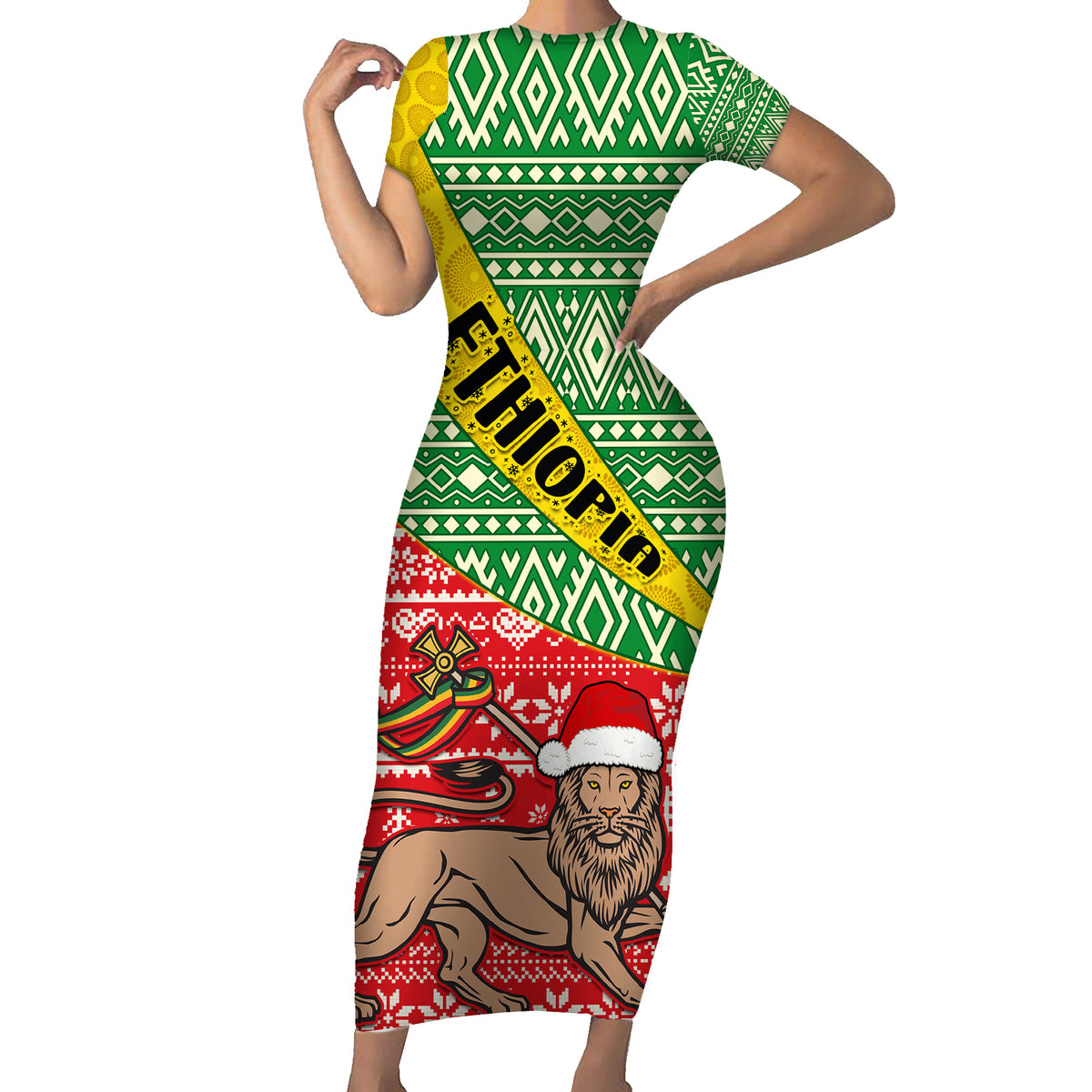 Ethiopia Christmas Short Sleeve Bodycon Dress Melkam Gena African Pattern - Wonder Print Shop