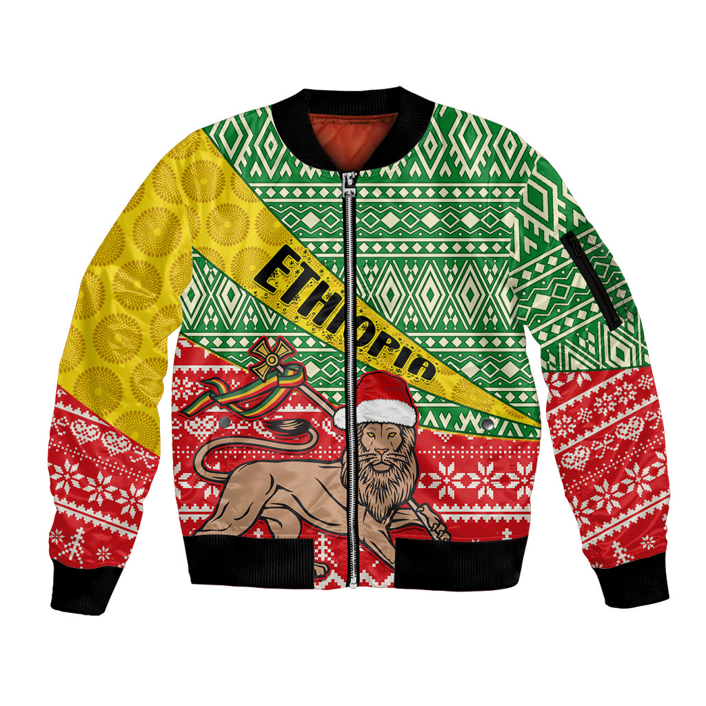 Ethiopia Christmas Sleeve Zip Bomber Jacket Melkam Gena African Pattern - Wonder Print Shop