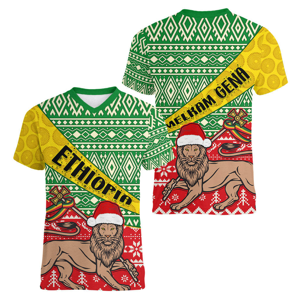 Ethiopia Christmas Women V Neck T Shirt Melkam Gena African Pattern - Wonder Print Shop