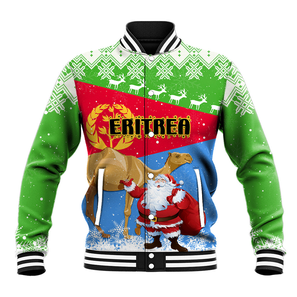 Custom Eritrea Christmas Baseball Jacket Santa Claus With Dromedary Camel - Wonder Print Shop