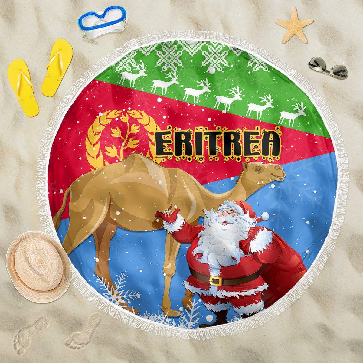Custom Eritrea Christmas Beach Blanket Santa Claus With Dromedary Camel - Wonder Print Shop