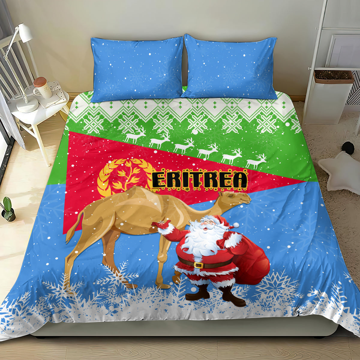 Custom Eritrea Christmas Bedding Set Santa Claus With Dromedary Camel - Wonder Print Shop