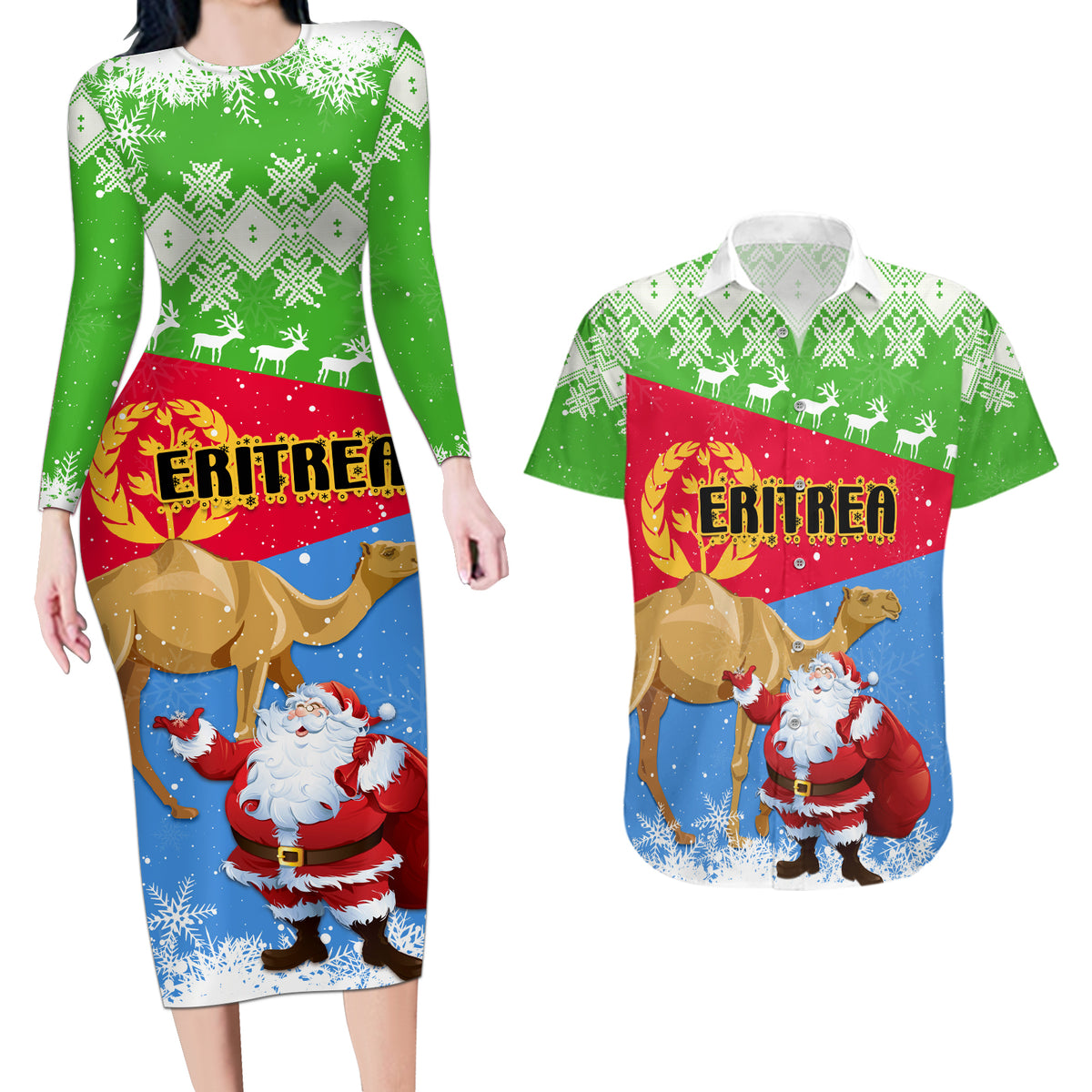 Custom Eritrea Christmas Couples Matching Long Sleeve Bodycon Dress and Hawaiian Shirt Santa Claus With Dromedary Camel - Wonder Print Shop