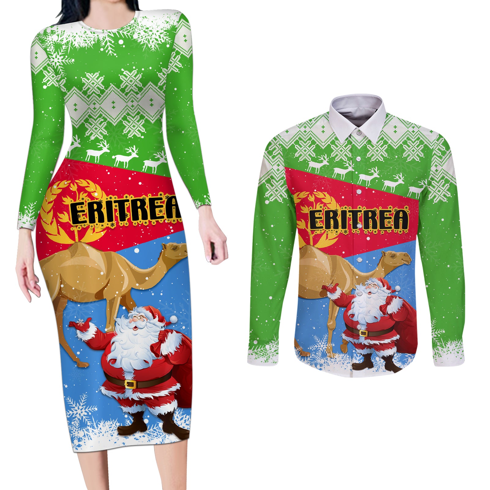 Custom Eritrea Christmas Couples Matching Long Sleeve Bodycon Dress and Long Sleeve Button Shirt Santa Claus With Dromedary Camel - Wonder Print Shop