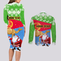 Custom Eritrea Christmas Couples Matching Long Sleeve Bodycon Dress and Long Sleeve Button Shirt Santa Claus With Dromedary Camel - Wonder Print Shop
