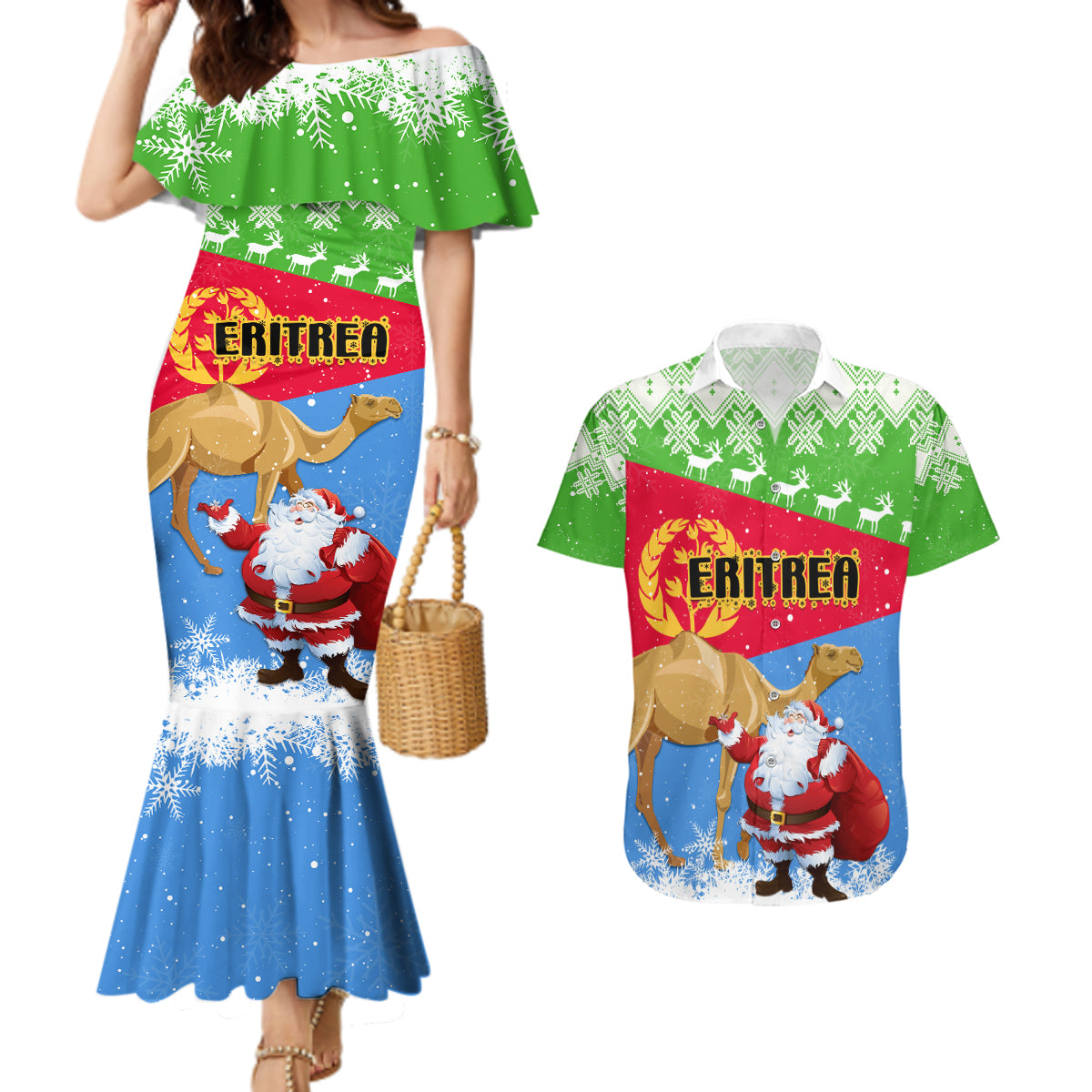 Custom Eritrea Christmas Couples Matching Mermaid Dress and Hawaiian Shirt Santa Claus With Dromedary Camel - Wonder Print Shop