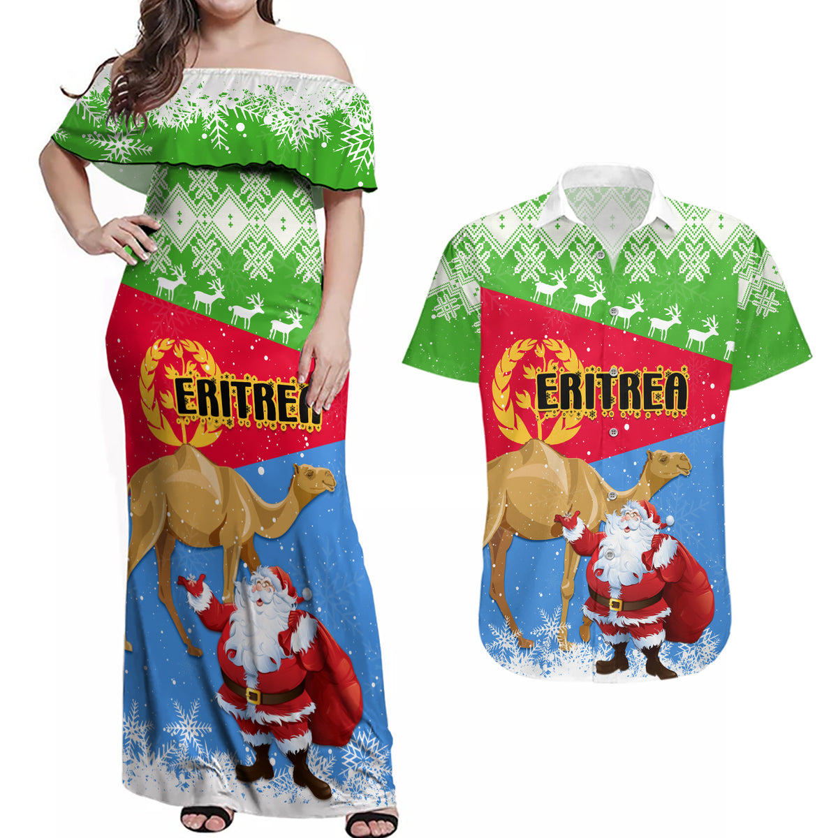 Custom Eritrea Christmas Couples Matching Off Shoulder Maxi Dress and Hawaiian Shirt Santa Claus With Dromedary Camel - Wonder Print Shop
