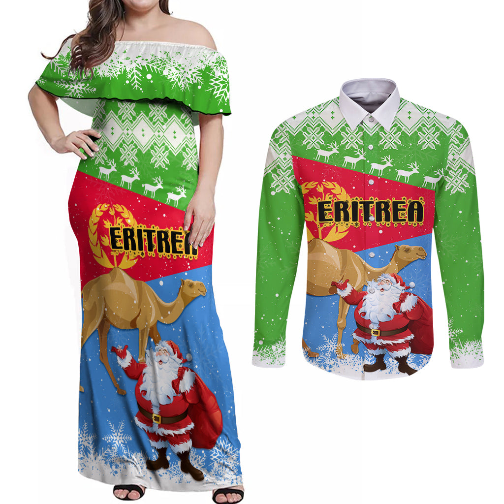Custom Eritrea Christmas Couples Matching Off Shoulder Maxi Dress and Long Sleeve Button Shirt Santa Claus With Dromedary Camel - Wonder Print Shop