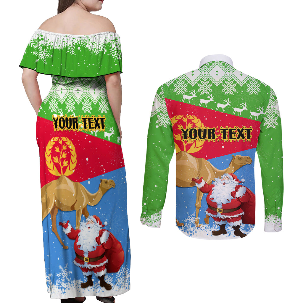 Custom Eritrea Christmas Couples Matching Off Shoulder Maxi Dress and Long Sleeve Button Shirt Santa Claus With Dromedary Camel - Wonder Print Shop