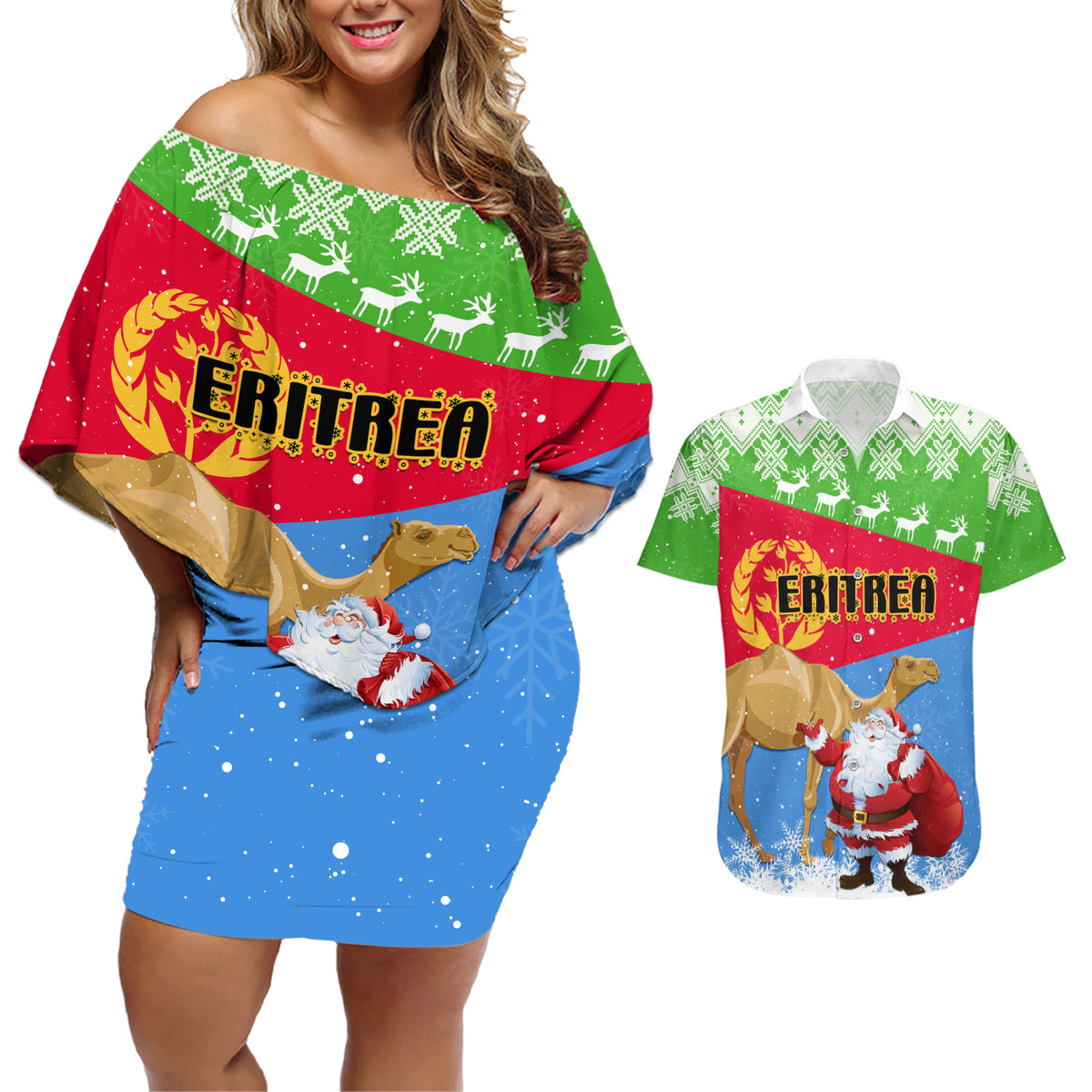 Custom Eritrea Christmas Couples Matching Off Shoulder Short Dress and Hawaiian Shirt Santa Claus With Dromedary Camel - Wonder Print Shop