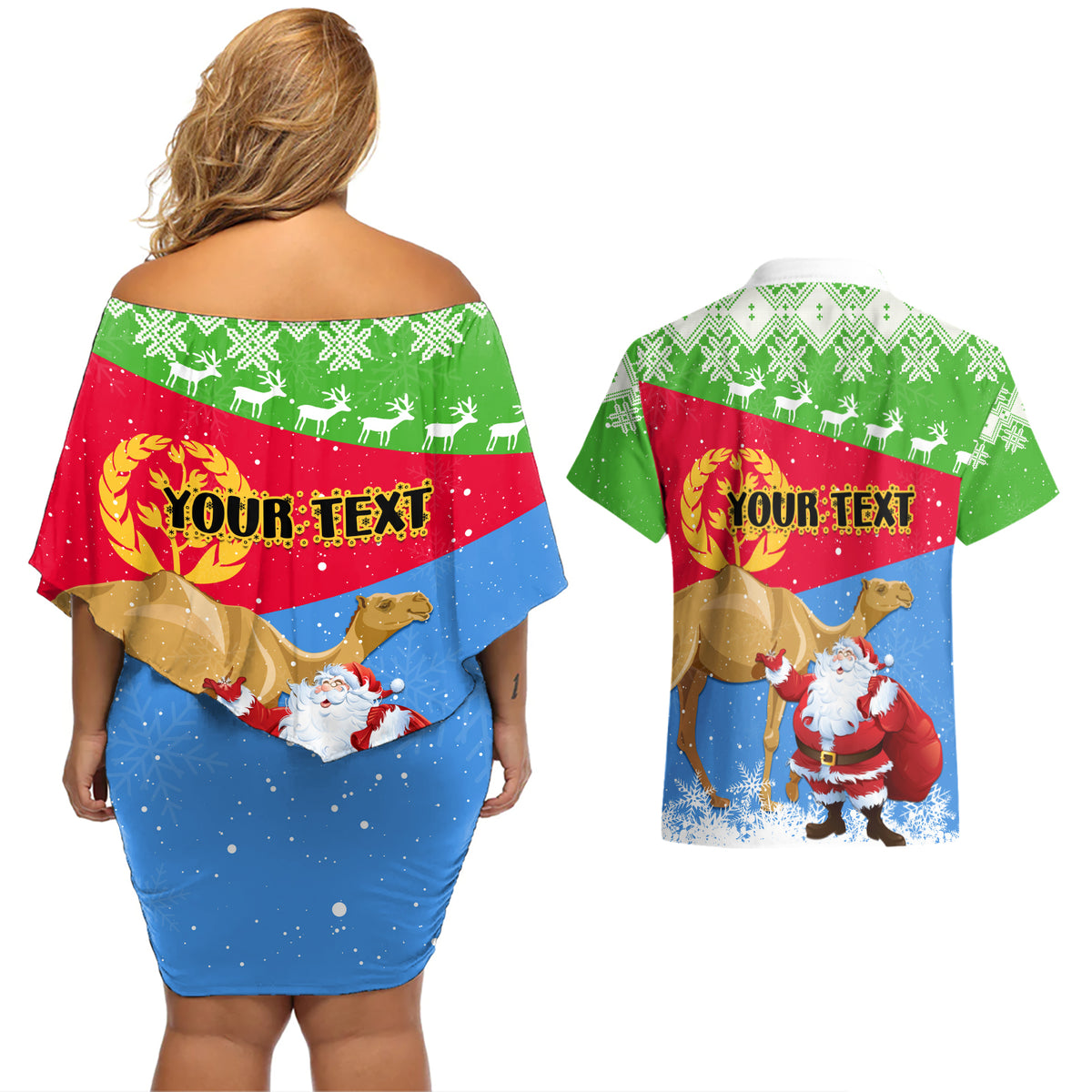 Custom Eritrea Christmas Couples Matching Off Shoulder Short Dress and Hawaiian Shirt Santa Claus With Dromedary Camel - Wonder Print Shop