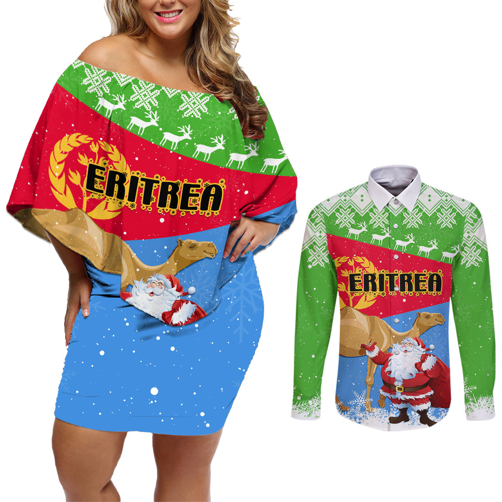 Custom Eritrea Christmas Couples Matching Off Shoulder Short Dress and Long Sleeve Button Shirt Santa Claus With Dromedary Camel - Wonder Print Shop